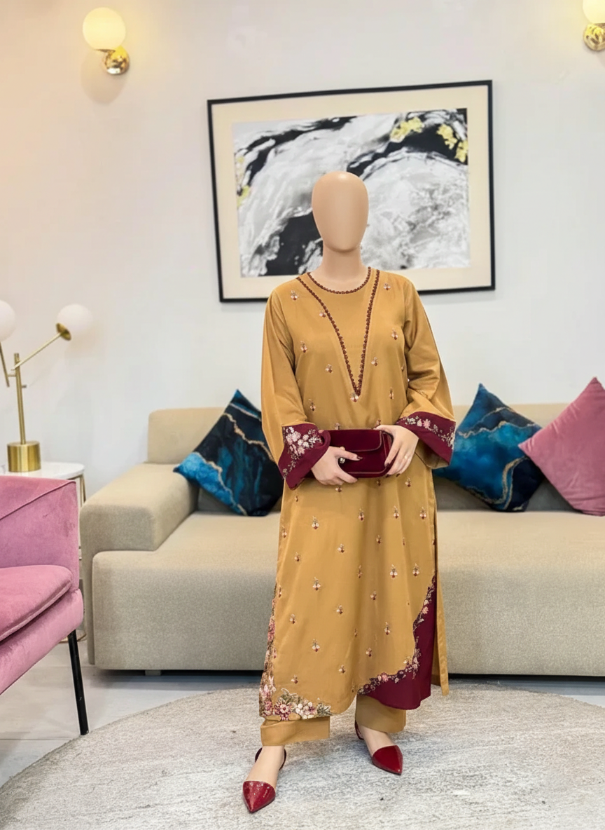 EID ARISA 2PC – Luxury Stone Linen &amp; Embroidered Mehroon Patch Work