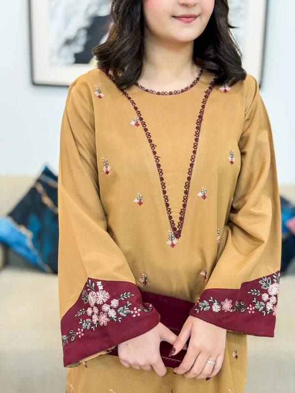 EID ARISA 2PC – Luxury Stone Linen &amp; Embroidered Mehroon Patch Work