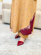 EID ARISA 2PC – Luxury Stone Linen &amp; Embroidered Mehroon Patch Work