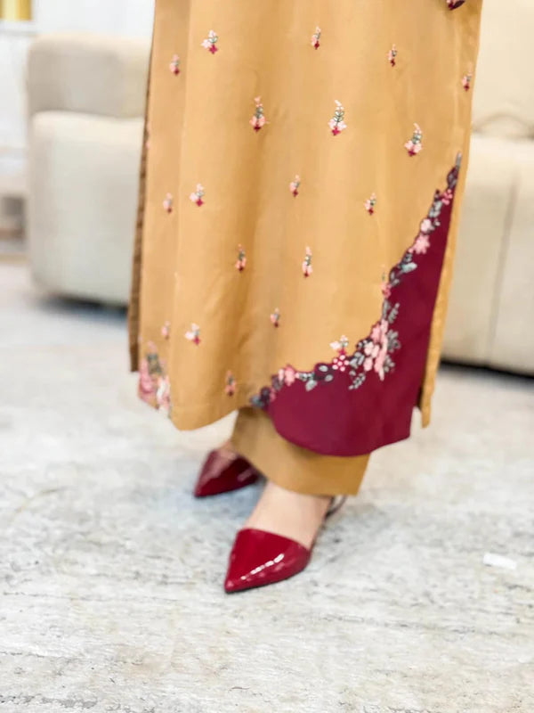 EID ARISA 2PC – Luxury Stone Linen &amp; Embroidered Mehroon Patch Work