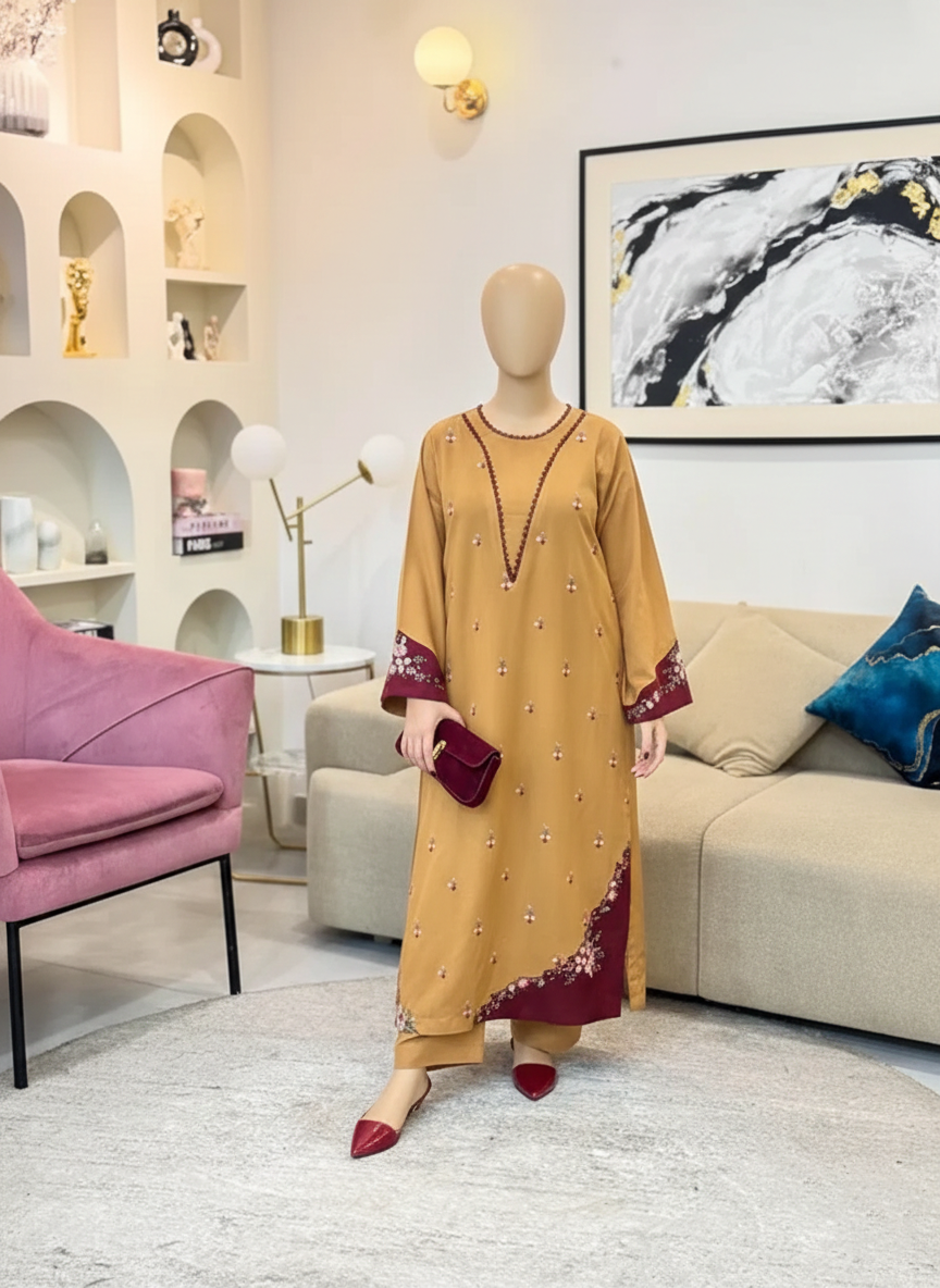EID ARISA 2PC – Luxury Stone Linen &amp; Embroidered Mehroon Patch Work