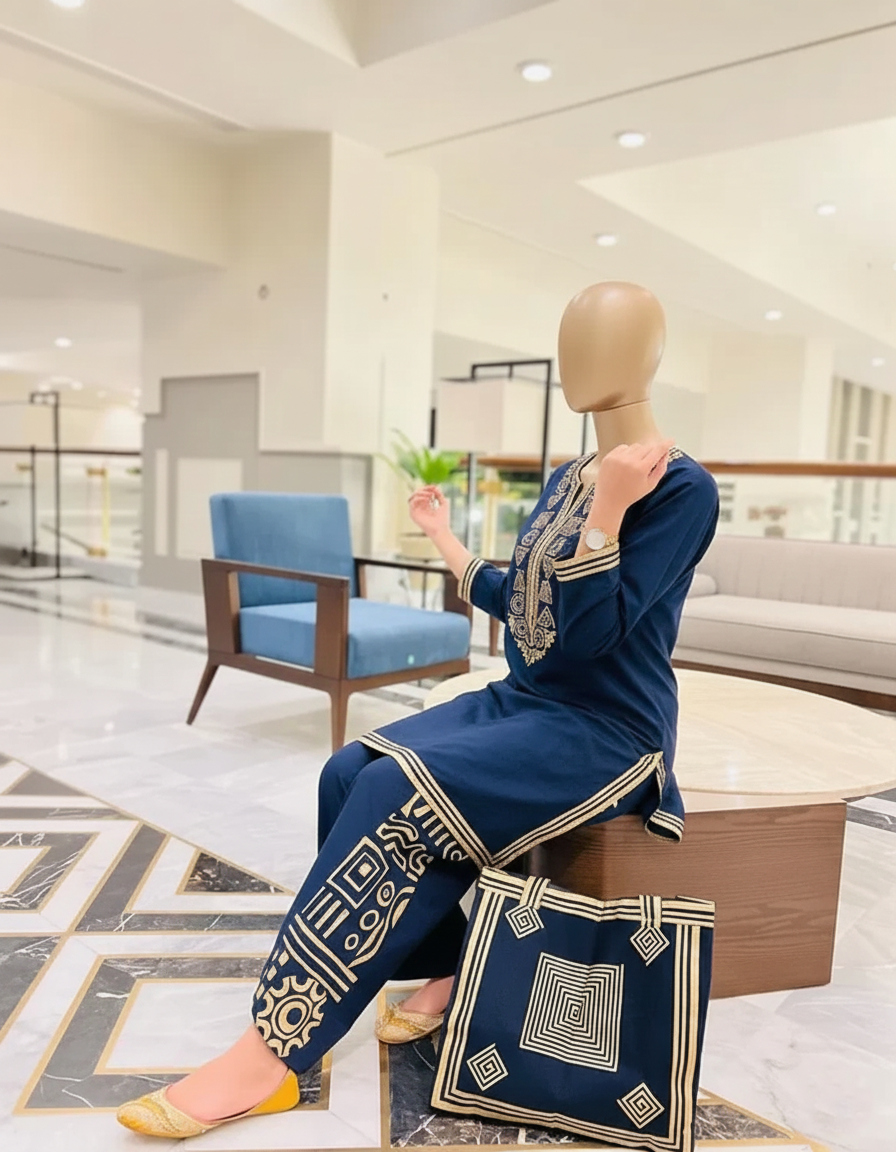 RETRO 2PC WITH HAND BAG – Premium Lawn Printed Suite