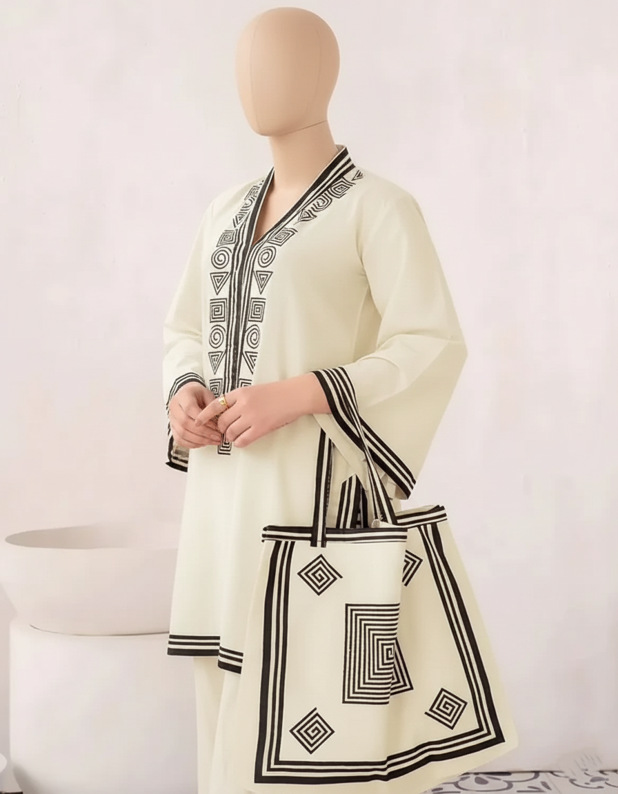 RETRO 2PC WITH HAND BAG – Premium Lawn Printed Suite