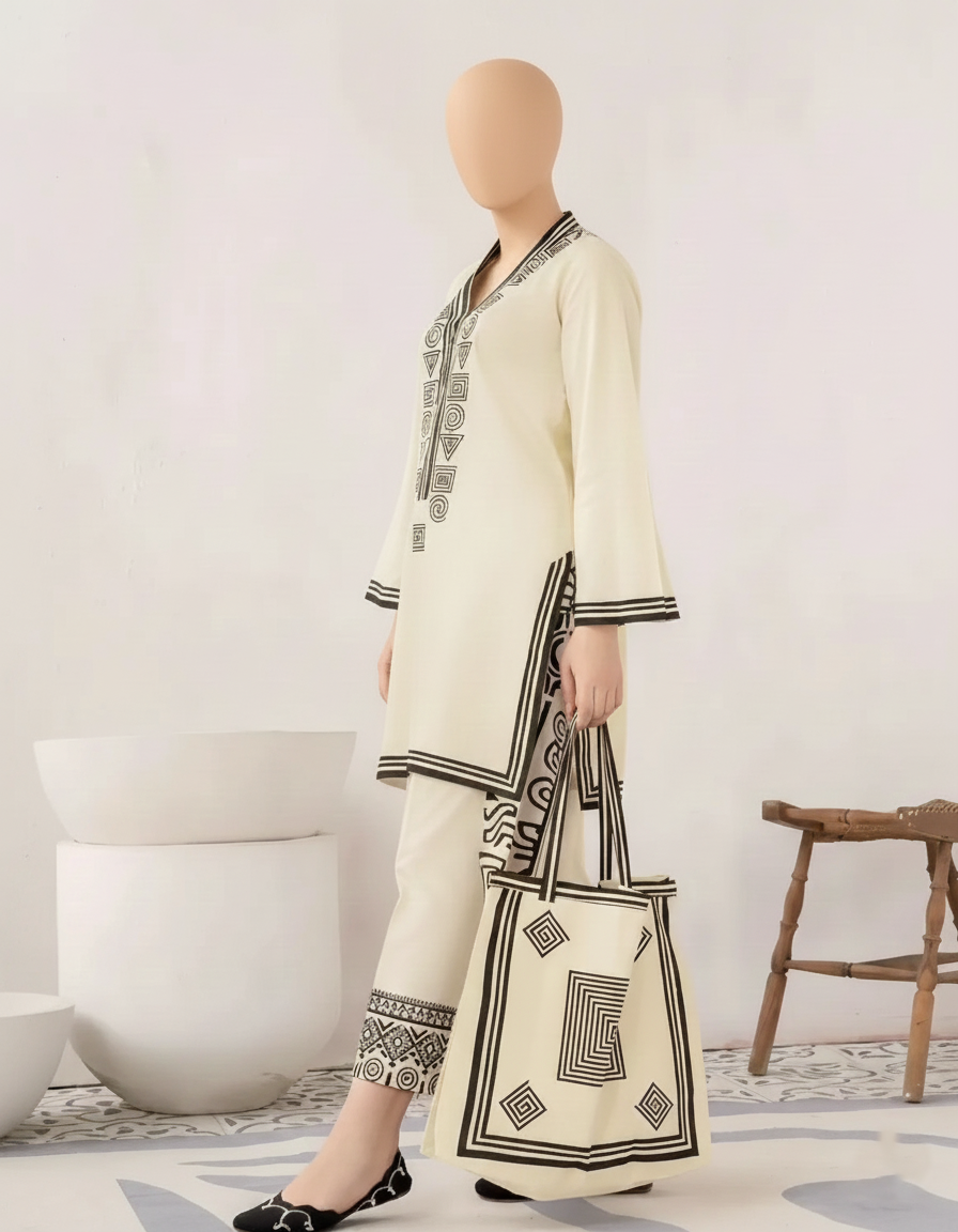 RETRO 2PC WITH HAND BAG – Premium Lawn Printed Suite