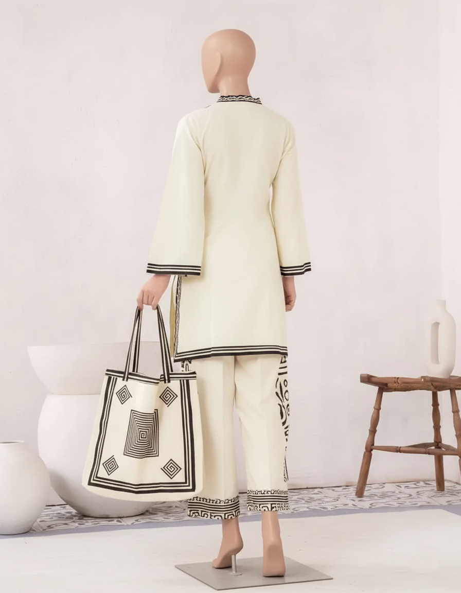 RETRO 2PC WITH HAND BAG – Premium Lawn Printed Suite